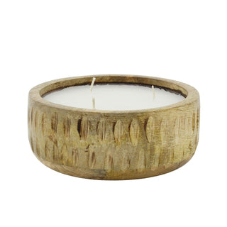 Mango Wood Ribbed 3 - Wick Candle | Large White Scented Candle & Rustic Holder