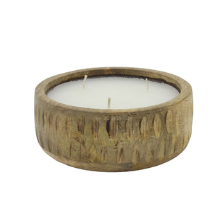 Mango Wood Ribbed 3-Wick Candle | Large White Scented Candle & Rustic Holder