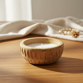 Mango Wood Ribbed Small 1 - Wick Candle, 12cm Rustic Wooden White Scented Candle