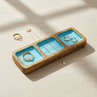 Mango Wood Trinket Tray 3 Aqua Blue Enamel Compartments Jewellery Dish 30cm