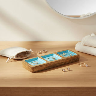 Mango Wood Trinket Tray 3 Aqua Blue Enamel Compartments Jewellery Dish 30cm