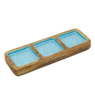 Mango Wood Trinket Tray 3 Aqua Blue Enamel Compartments Jewellery Dish 30cm