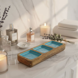 Mango Wood Trinket Tray 3 Aqua Blue Enamel Compartments Jewellery Dish 30cm