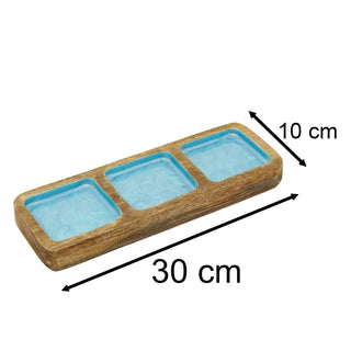 Mango Wood Trinket Tray 3 Aqua Blue Enamel Compartments Jewellery Dish 30cm