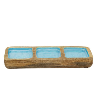 Mango Wood Trinket Tray 3 Aqua Blue Enamel Compartments Jewellery Dish 30cm