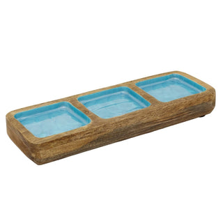 Mango Wood Trinket Tray 3 Aqua Blue Enamel Compartments Jewellery Dish 30cm