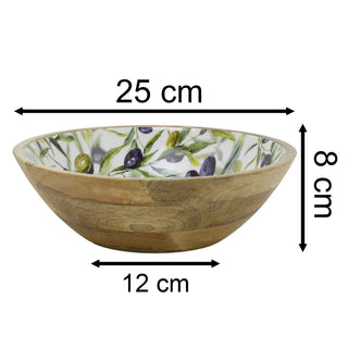 Medium Olive Enamelled Wooden Bowl, 25x8cm Mango Wood Kitchen Serving Dish