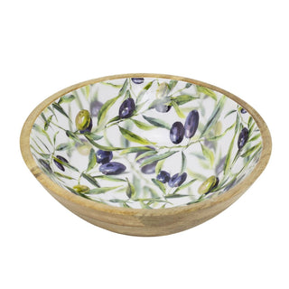 Medium Olive Enamelled Wooden Bowl, 25x8cm Mango Wood Kitchen Serving Dish