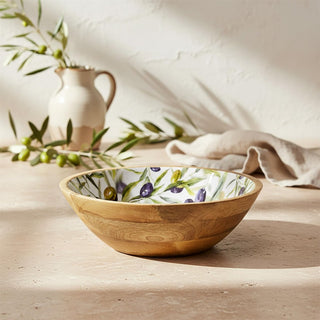 Medium Olive Enamelled Wooden Bowl, 25x8cm Mango Wood Kitchen Serving Dish