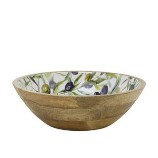 Medium Olive Enamelled Wooden Bowl, 25x8cm Mango Wood Kitchen Serving Dish