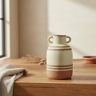 Medium Rustic Round Bottle Vase, 24.5cm Stoneware Urn Flower Vase with Handles