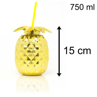 Metallic Gold Pineapple Drinks Cup With Straw | Tropical Party Pineapple Shaped Tumbler | Novelty Drinking Jar 750ml
