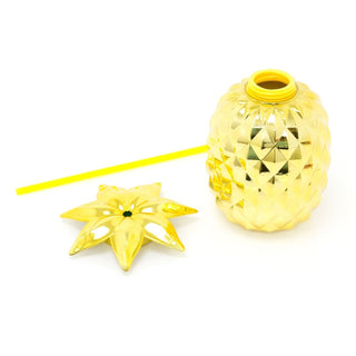 Metallic Gold Pineapple Drinks Cup With Straw | Tropical Party Pineapple Shaped Tumbler | Novelty Drinking Jar 750ml