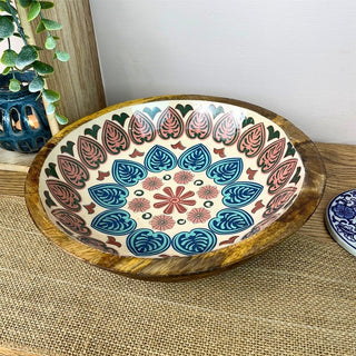 Meze Wooden Enamel Bowl | Moroccan Mango Wood Handcrafted Salad Bowl - 25cm