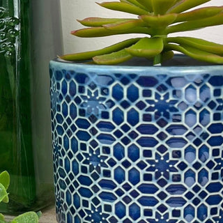 Mini Navy Blue Trellis Stoneware Plant Pot, 7cm Small Indoor Planter Cachepot