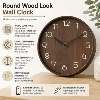 Modern Round Dark Brown Wood Look Wall Clock, 19cm Battery-Operated Quartz Clock
