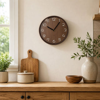 Modern Round Dark Brown Wood Look Wall Clock, 19cm Battery-Operated Quartz Clock
