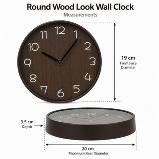 Modern Round Dark Brown Wood Look Wall Clock, 19cm Battery-Operated Quartz Clock