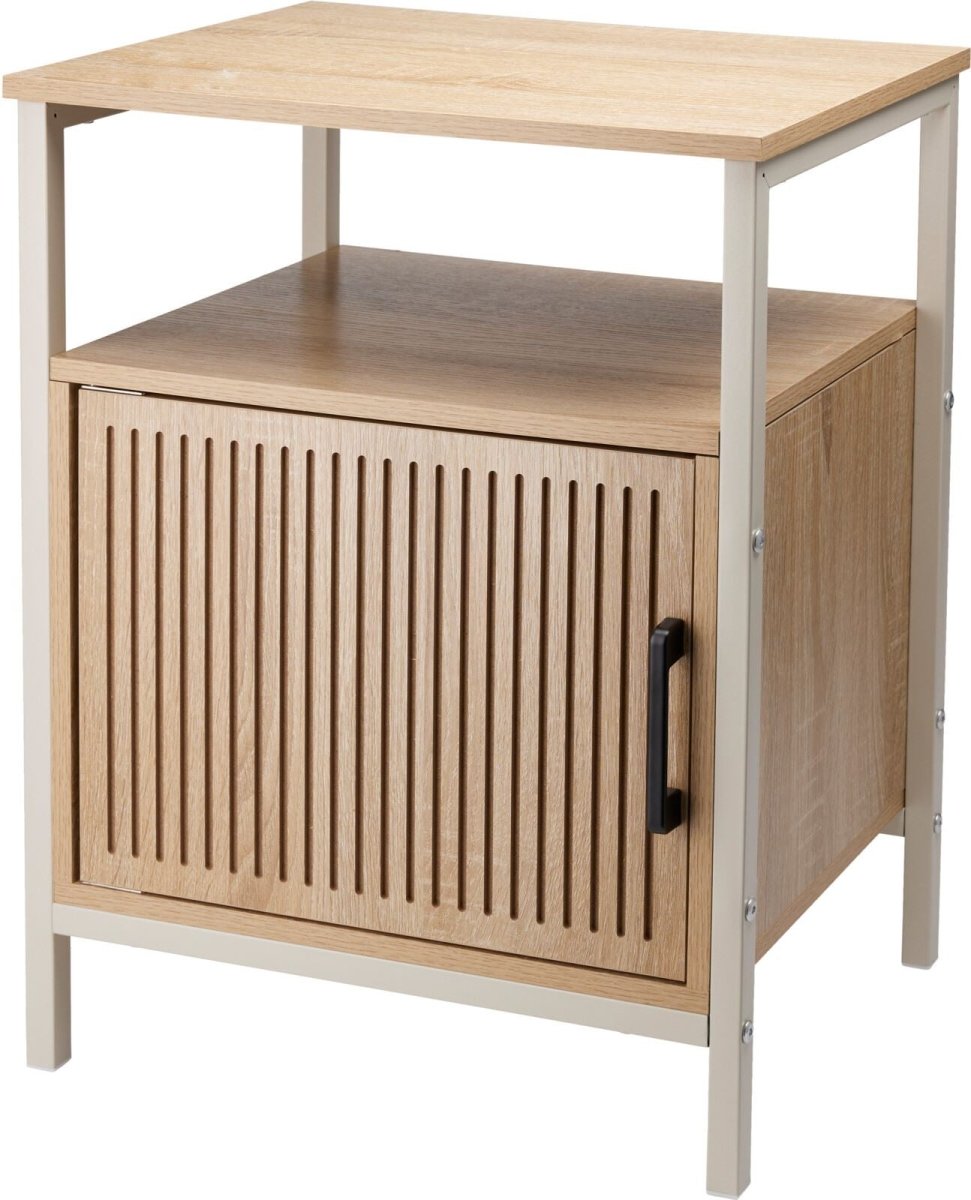 Modern Wooden Side Table with Slatted Door Open Shelf and Storage - 43 ...