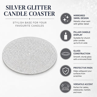Multipack Silver Glitter Candle Coasters, 10cm Glass Plates for Pillar Candles