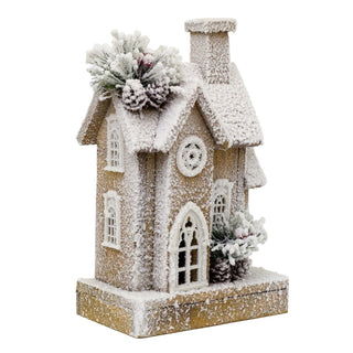 Natural Flocked LED Wooden Christmas House | Rustic Festive Snowy House - 32cm