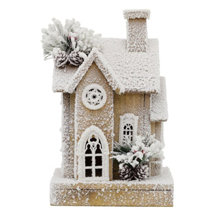 Natural Flocked LED Wooden Christmas House | Rustic Festive Snowy House - 32cm
