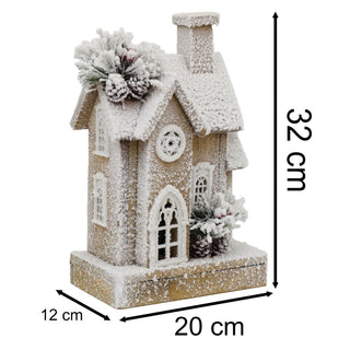 Natural Flocked LED Wooden Christmas House | Rustic Festive Snowy House - 32cm