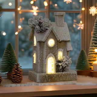 Natural Flocked LED Wooden Christmas House | Rustic Festive Snowy House - 32cm