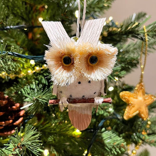 Natural Owl Christmas Tree Decoration | Rustic Woodland Hanging Bauble - 10cm