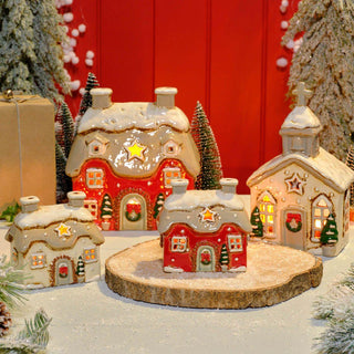 Natural Stoneware Christmas Church Tealight Holder | Christmas Candle Holder