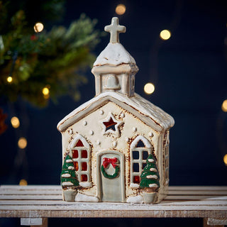 Natural Stoneware Christmas Church Tealight Holder | Christmas Candle Holder