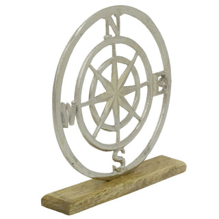 Nautical Compass Rose Ornament on Wood Base, 26cm Silver Metal Compass