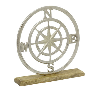 Nautical Compass Rose Ornament on Wood Base, 26cm Silver Metal Compass