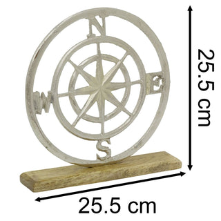 Nautical Compass Rose Ornament on Wood Base, 26cm Silver Metal Compass