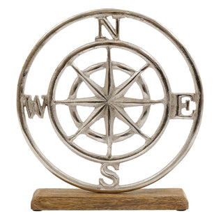 Nautical Compass Rose Ornament on Wood Base, 26cm Silver Metal Compass