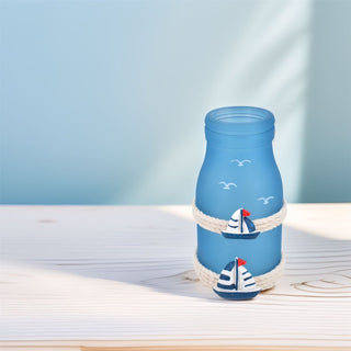 Nautical Glass Bottle Ornament | 12cm Blue Opaque Glass Coastal Jar Decoration