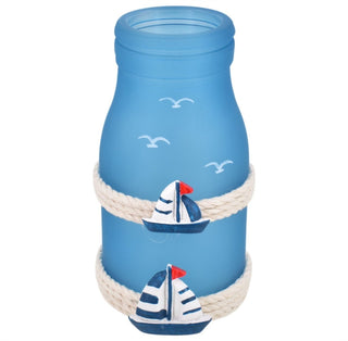 Nautical Glass Bottle Ornament | 12cm Blue Opaque Glass Coastal Jar Decoration