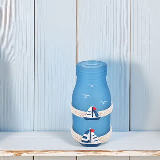 Nautical Glass Bottle Ornament | 12cm Blue Opaque Glass Coastal Jar Decoration