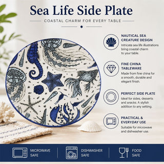 Nautical Sea Life Side Plate, 21cm Round Blue Fine China Coastal Tableware