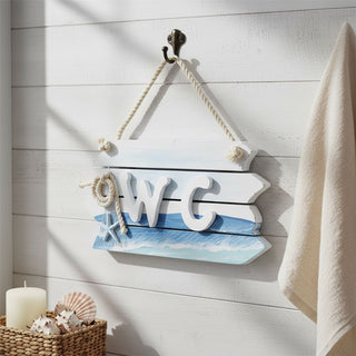 Nautical Toilet Door Sign, 25cm Wooden WC Bathroom Plaque, Hanging Coastal Sign