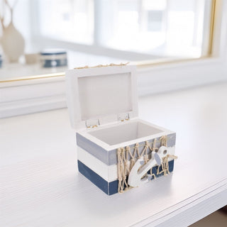 Nautical Trinket Box | 9.5cm Wooden Coastal Keepsake Jewellery Box with Anchor