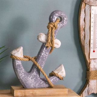 Nautical Wooden Anchor Ornament | Rustic Wooden Ship Boat Anchor On Stand - 27cm