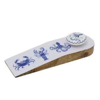 Nautical Wooden Door Stop Wedge, Seashore Enamel & Wood Doorstop Wedge