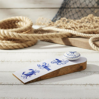 Nautical Wooden Door Stop Wedge, Seashore Enamel & Wood Doorstop Wedge