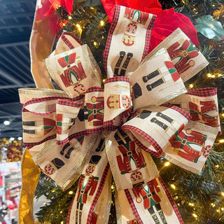 Nutcracker Tree Top Bow with Long Streamer | Fabric Christmas Tree Topper