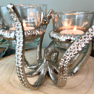 Octopus Tealight Holder | Silver Aluminium Nautical Candle Holder - 19x17cm