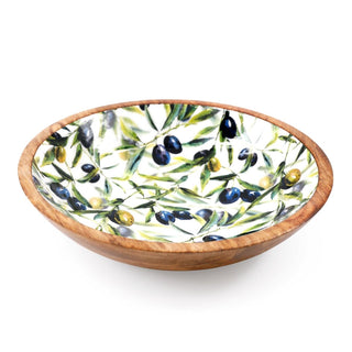 Olive Enamelled Mango Wood Serving Bowl | Large Kitchen Salad Fruit Bowl - 30cm