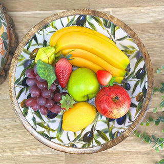 Olive Enamelled Mango Wood Serving Bowl | Large Kitchen Salad Fruit Bowl - 30cm