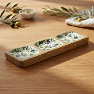 Olive Enamelled Sectional Tray, Mango Wood Serving Platter with 3 Compartments