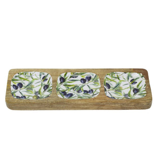 Olive Enamelled Sectional Tray, Mango Wood Serving Platter with 3 Compartments